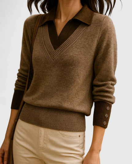 Women's V-Neck Polo Collar Knit Pullover Sweater