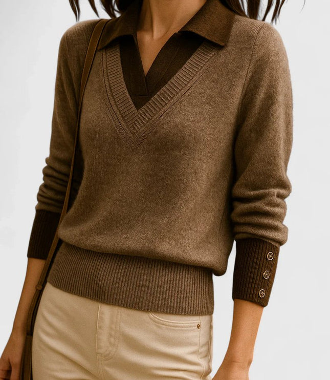 Women's V-Neck Polo Collar Knit Pullover Sweater