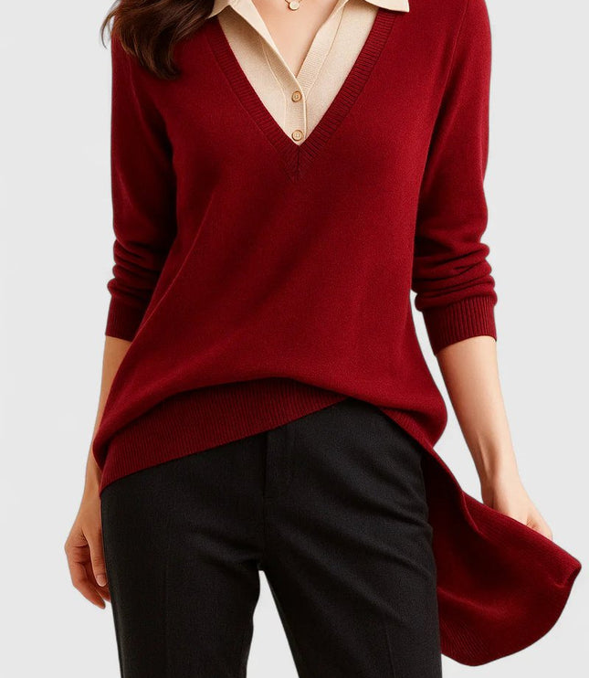 Women's V-Neck Polo Collar Knit Pullover Sweater - Red