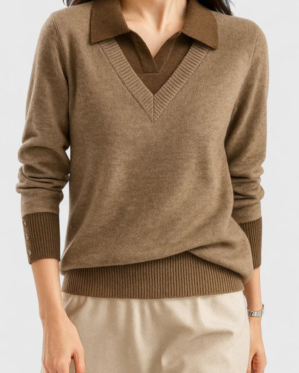 Women's V-Neck Polo Collar Knit Pullover Sweater - Brown