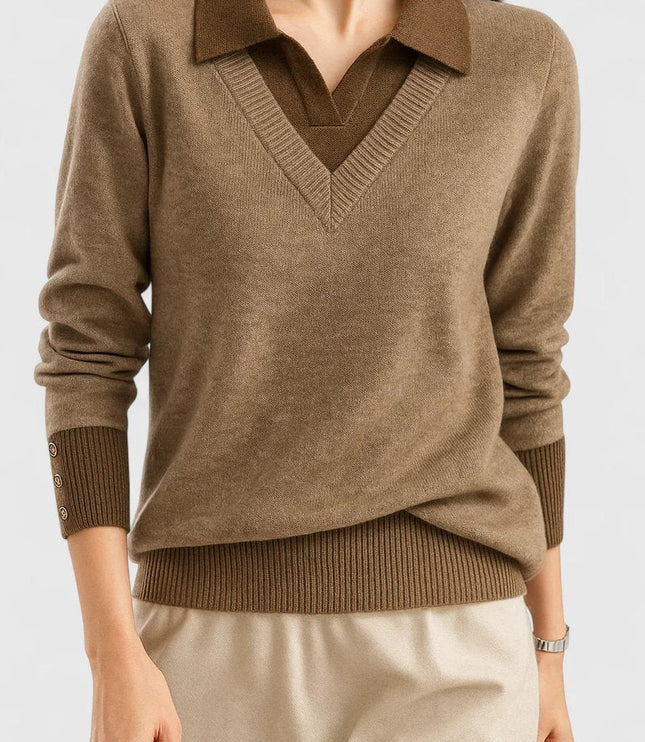 Women's V-Neck Polo Collar Knit Pullover Sweater - Brown