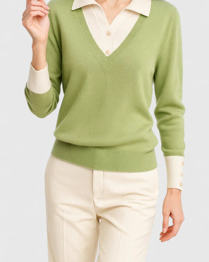 Women's V-Neck Polo Collar Knit Pullover Sweater - Lime