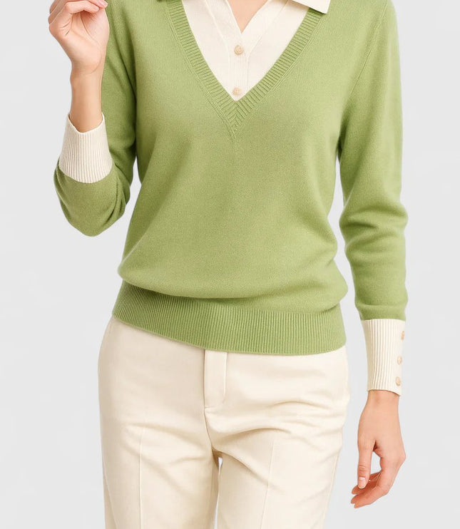 Women's V-Neck Polo Collar Knit Pullover Sweater - Lime