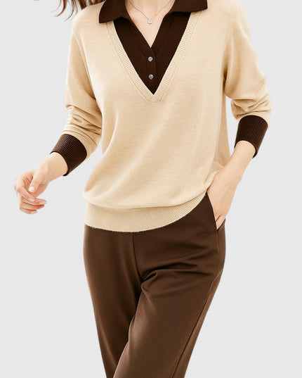 Women's V-Neck Polo Collar Knit Pullover Sweater - Beige