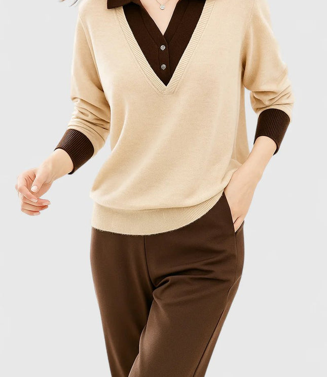 Women's V-Neck Polo Collar Knit Pullover Sweater - Beige