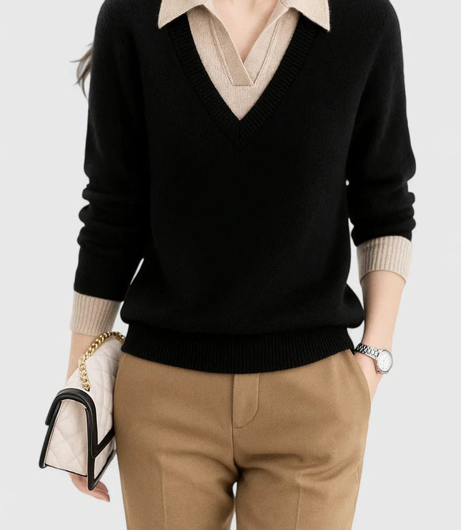 Women's V-Neck Polo Collar Knit Pullover Sweater - Black