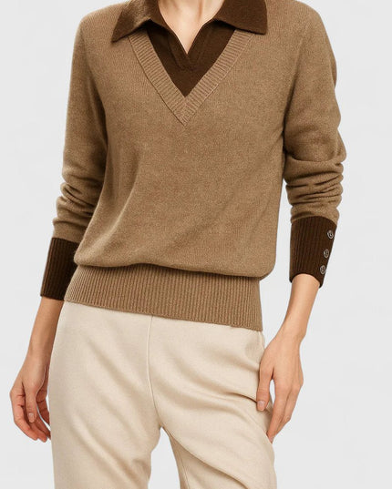 Women's V-Neck Polo Collar Knit Pullover Sweater