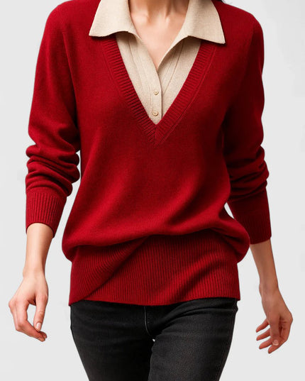 Women's V-Neck Polo Collar Knit Pullover Sweater