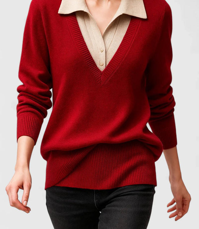 Women's V-Neck Polo Collar Knit Pullover Sweater