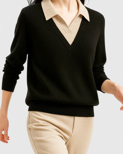 Women's V-Neck Polo Collar Knit Pullover Sweater