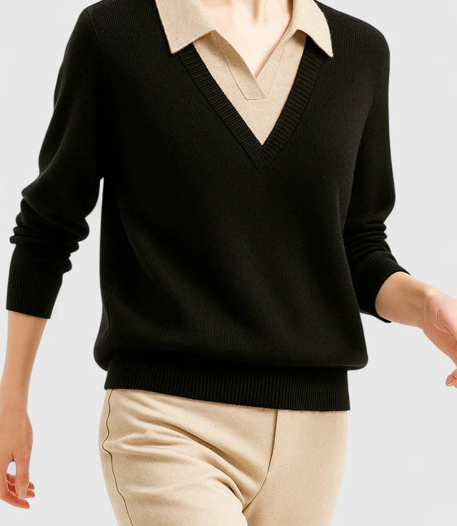 Women's V-Neck Polo Collar Knit Pullover Sweater