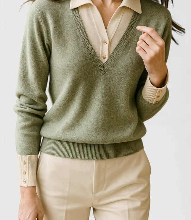 Women's V-Neck Polo Collar Knit Pullover Sweater
