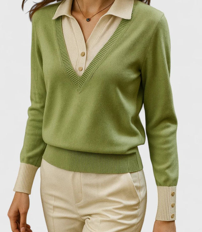 Women's V-Neck Polo Collar Knit Pullover Sweater