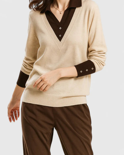 Women's V-Neck Polo Collar Knit Pullover Sweater