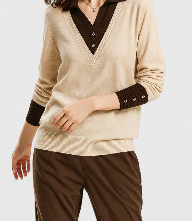 Women's V-Neck Polo Collar Knit Pullover Sweater