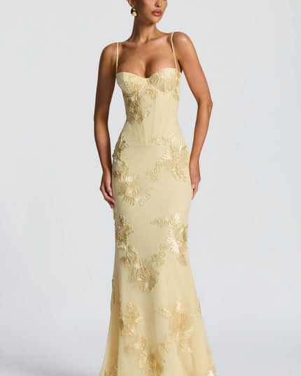 Cream sweetheart neckline maxi dress with gold floral appliqué embroidery
