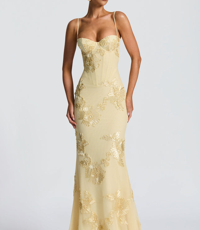 Cream sweetheart neckline maxi dress with gold floral appliqué embroidery