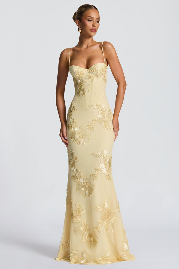 Cream sweetheart neckline maxi dress with gold floral appliqué embroidery