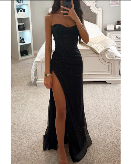 Black glitter sweetheart neck maxi dress with thin straps and a high leg slit, elegant dress.