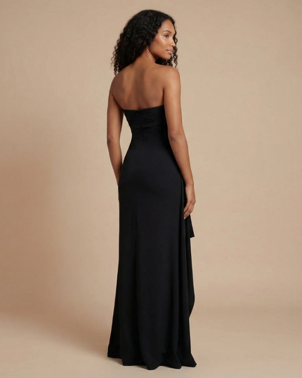 Black strapless maxi dress back view with ruched bodice