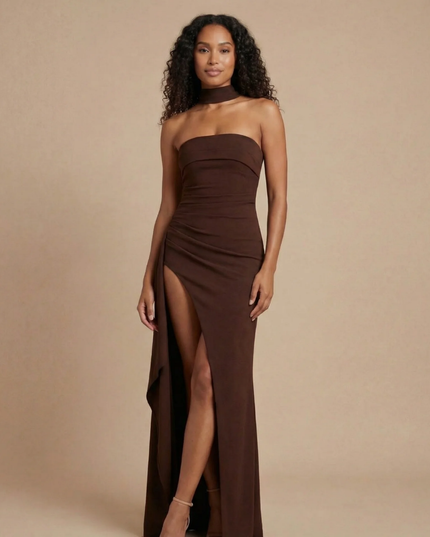 Dark brown strapless ruched maxi dress with high leg opening