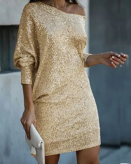 Women's Puffed Sleeve Asymmetric Mini Sequin Dress