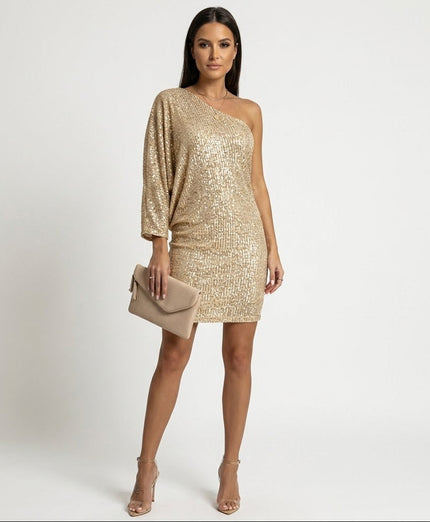 Women's Puffed Sleeve Asymmetric Mini Sequin Dress