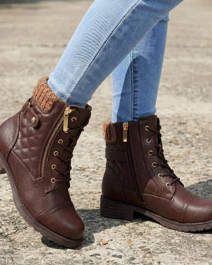 Women's Quilted Faux Leather Lace-Up Side Zip Ankle Boots
