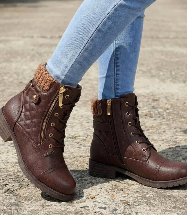 Women's Quilted Faux Leather Lace-Up Side Zip Ankle Boots