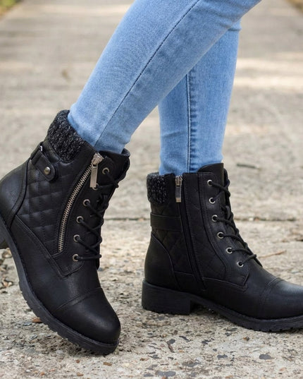 Women's Quilted Faux Leather Lace-Up Side Zip Ankle Boots - Black