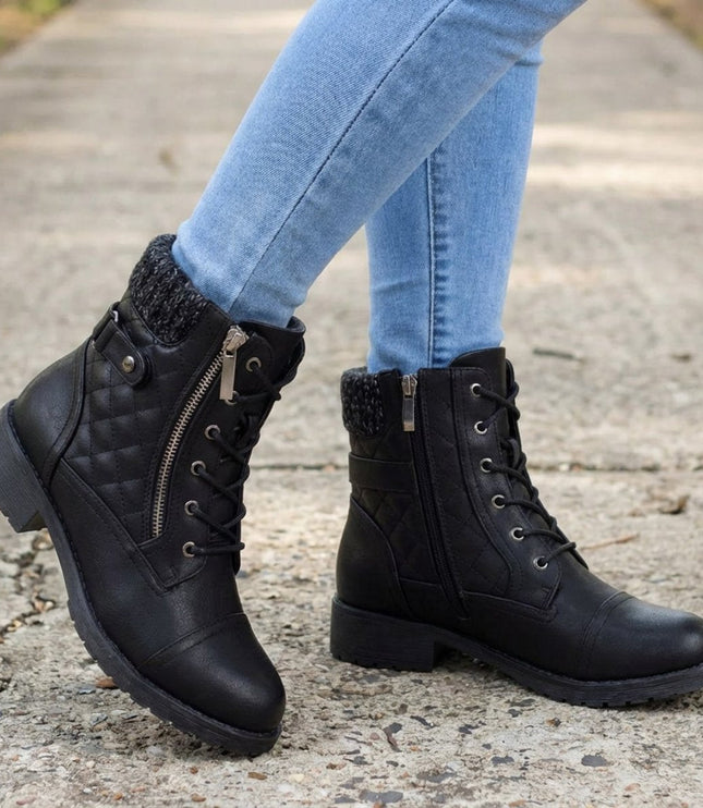 Women's Quilted Faux Leather Lace-Up Side Zip Ankle Boots - Black