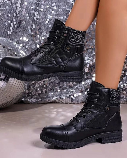 Women's Quilted Faux Leather Lace-Up Side Zip Ankle Boots