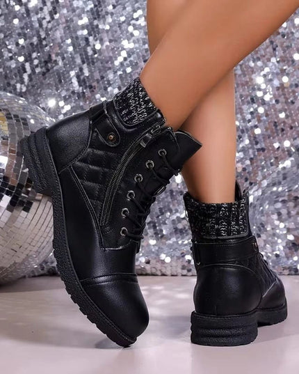 Women's Quilted Faux Leather Lace-Up Side Zip Ankle Boots