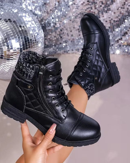 Women's Quilted Faux Leather Lace-Up Side Zip Ankle Boots