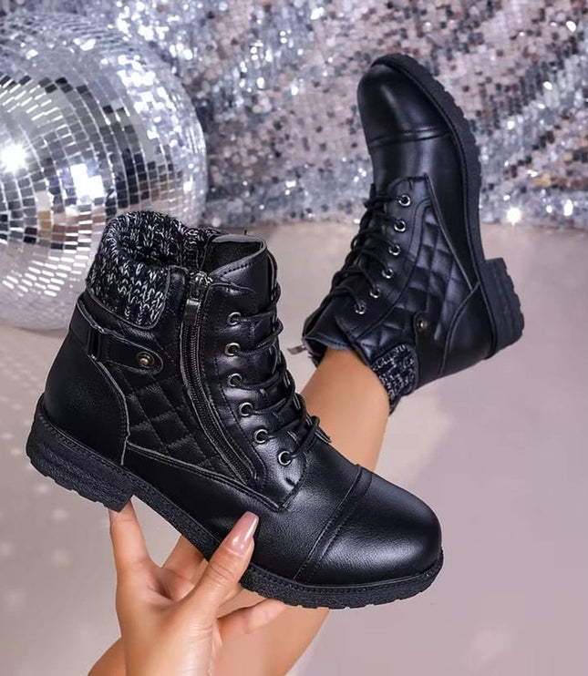 Women's Quilted Faux Leather Lace-Up Side Zip Ankle Boots