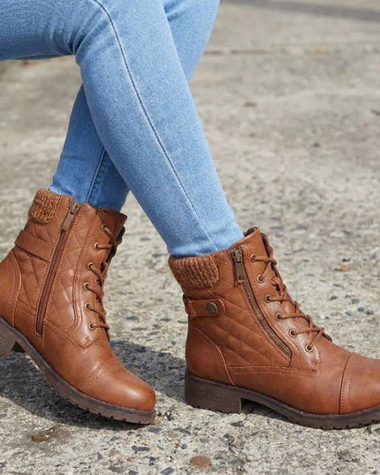 Women's Quilted Faux Leather Lace-Up Side Zip Ankle Boots