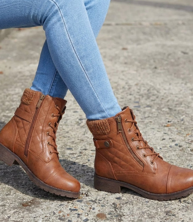 Women's Quilted Faux Leather Lace-Up Side Zip Ankle Boots