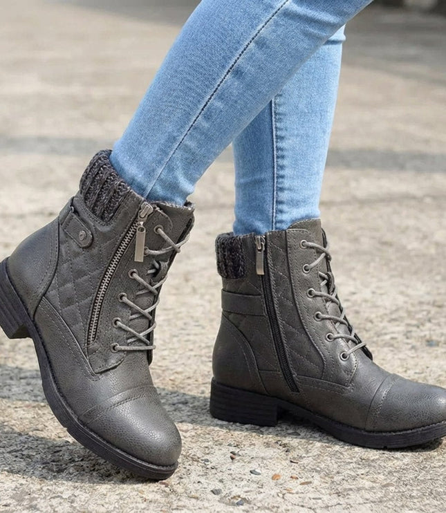 Women's Quilted Faux Leather Lace-Up Side Zip Ankle Boots - Gray