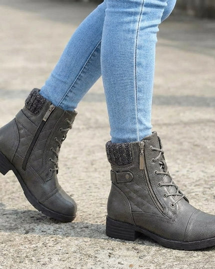Women's Quilted Faux Leather Lace-Up Side Zip Ankle Boots