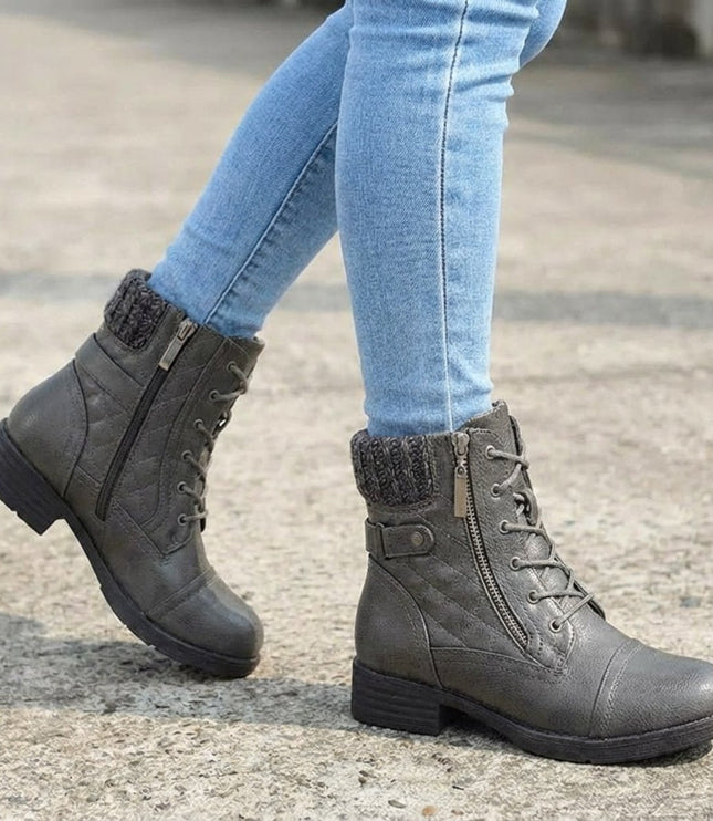 Women's Quilted Faux Leather Lace-Up Side Zip Ankle Boots