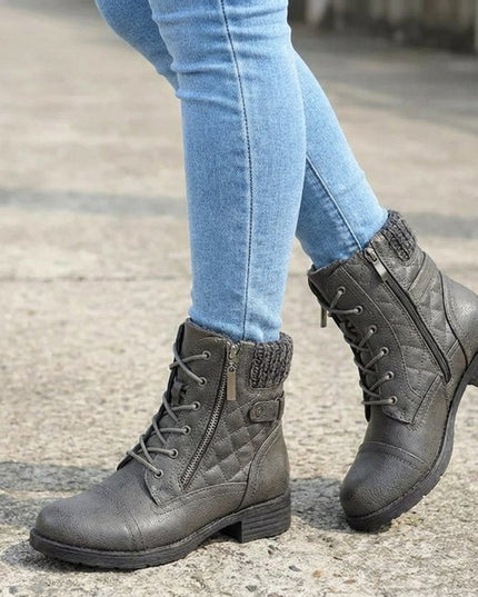 Women's Quilted Faux Leather Lace-Up Side Zip Ankle Boots