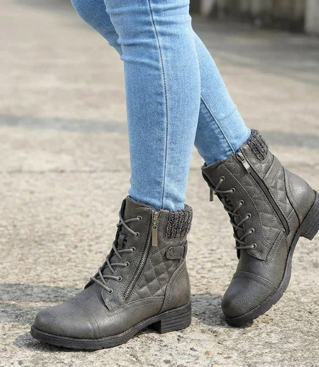 Women's Quilted Faux Leather Lace-Up Side Zip Ankle Boots