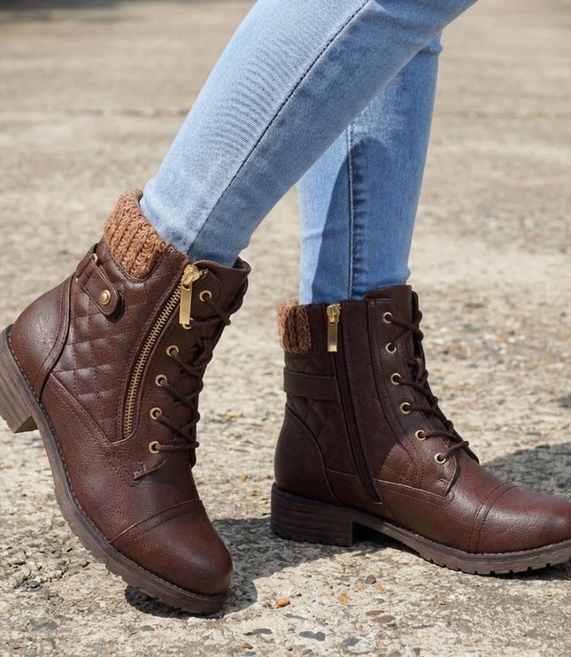 Women's Quilted Faux Leather Lace-Up Side Zip Ankle Boots - Dark Brown