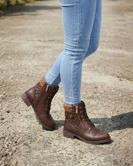 Women's Quilted Faux Leather Lace-Up Side Zip Ankle Boots