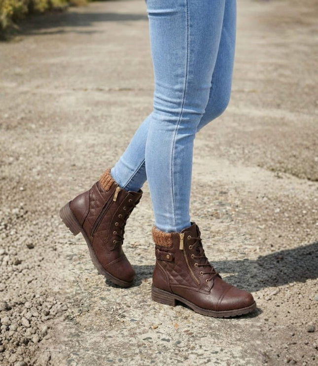 Women's Quilted Faux Leather Lace-Up Side Zip Ankle Boots