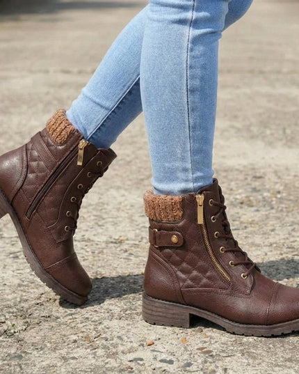 Women's Quilted Faux Leather Lace-Up Side Zip Ankle Boots