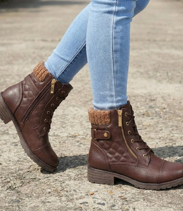 Women's Quilted Faux Leather Lace-Up Side Zip Ankle Boots