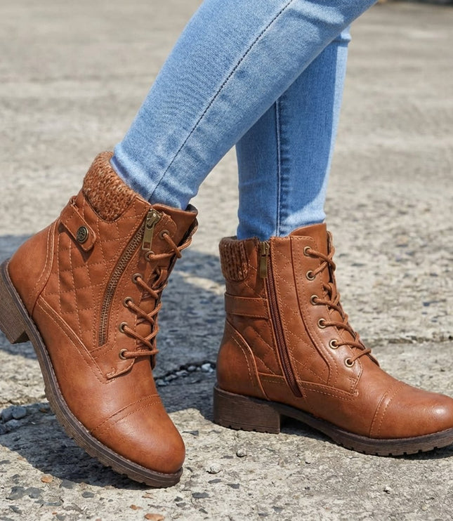 Women's Quilted Faux Leather Lace-Up Side Zip Ankle Boots - Brown