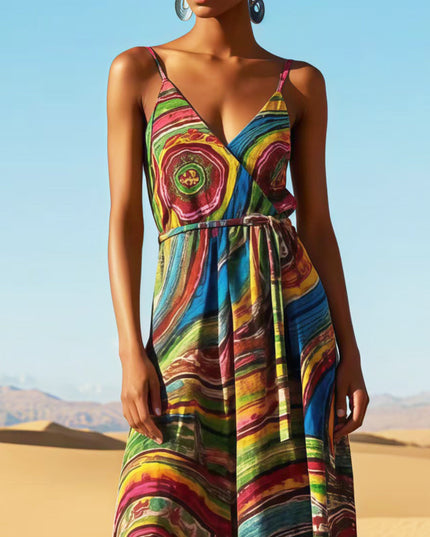 Close-up of the V-neck and tie waist of the women's rainbow print maxi sundress, featuring vibrant colors and swirl patterns.