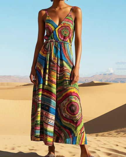 Front view of the women's rainbow print V-neck maxi sundress, showcasing the flowing skirt and colorful design in a desert setting.